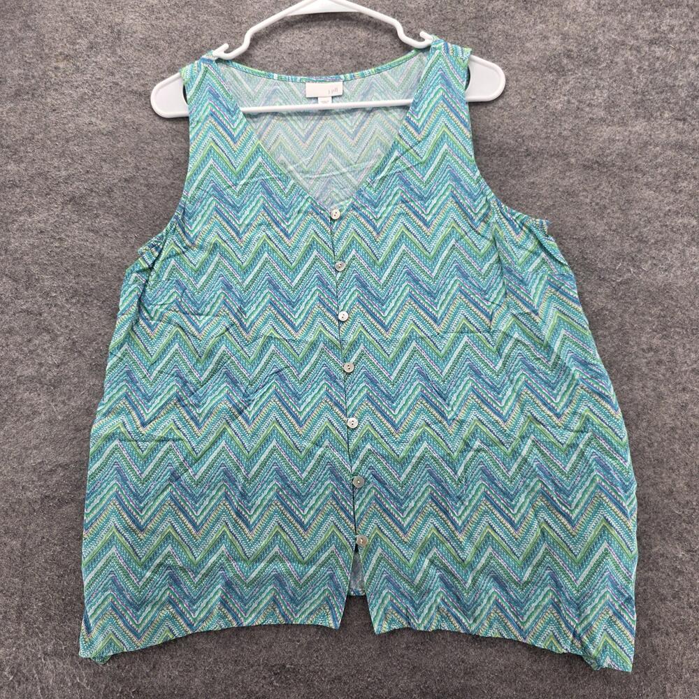 J. Jill Blouse Womens Medium Blue Green Chevron Button Front Sleeveless Rayon